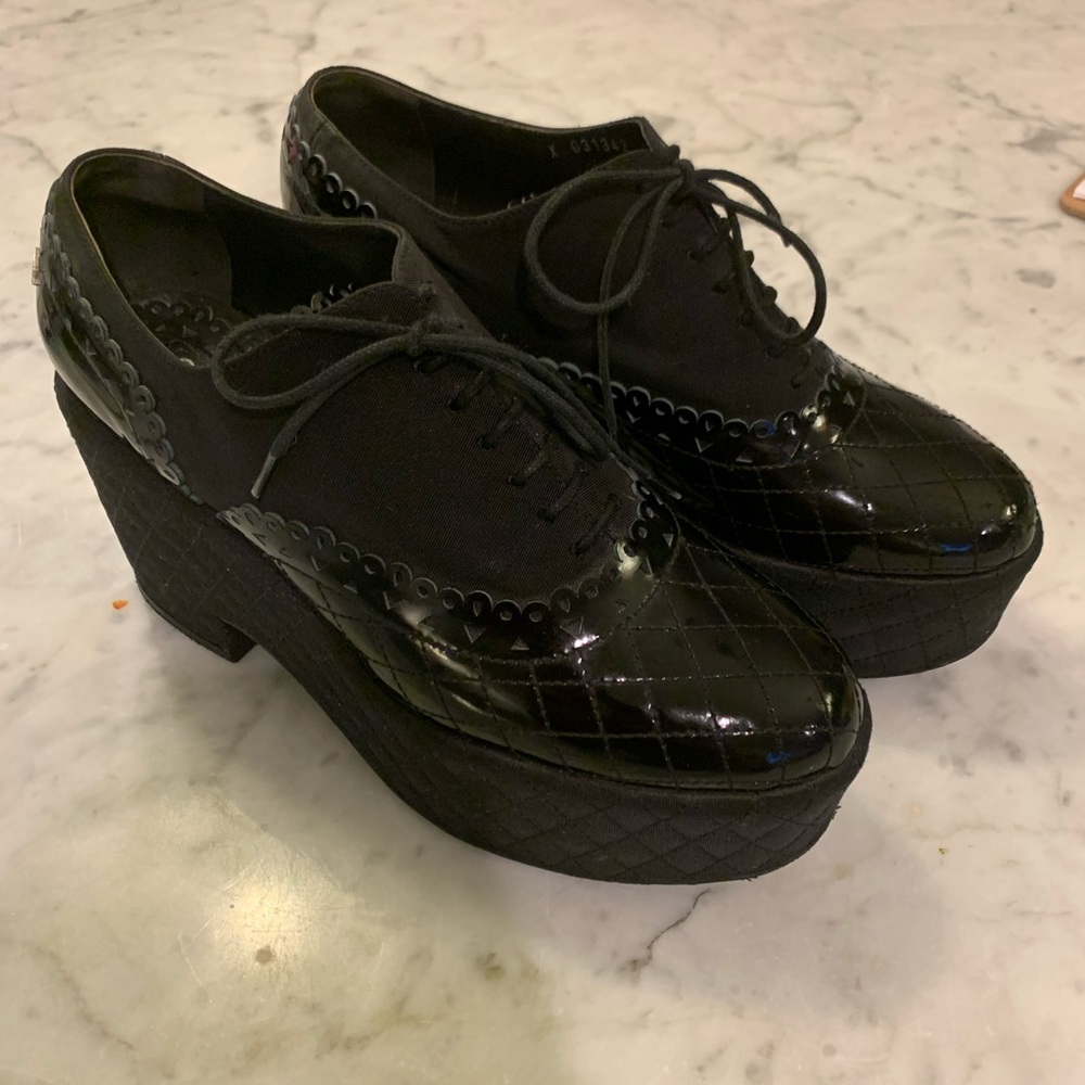 Chanel Lace Up Patent Leather Black Platform Shoes